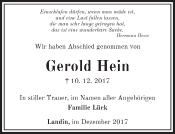 Traueranzeige von Gerold Hein von Märkische Oderzeitung