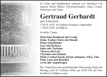 Traueranzeige von Gertraud Gerhardt von Märkische Oderzeitung