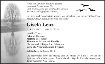 Traueranzeige von Gisela Lenz von Märkische Oderzeitung