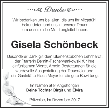 Traueranzeige von Gisela Schönbeck von Märkische Oderzeitung