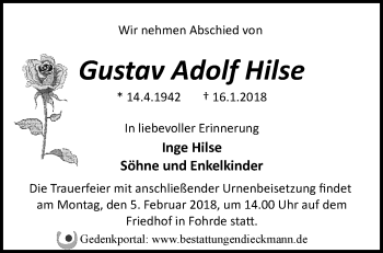 Traueranzeige von Gustav Adolf Hilse von Märkische Oderzeitung