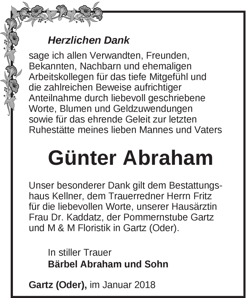  Traueranzeige für Günter Abraham vom 21.01.2018 aus Märkische Oderzeitung