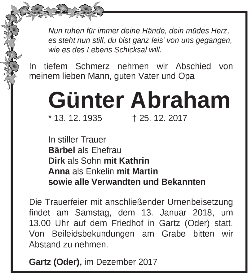  Traueranzeige für Günter Abraham vom 07.01.2018 aus Märkische Oderzeitung