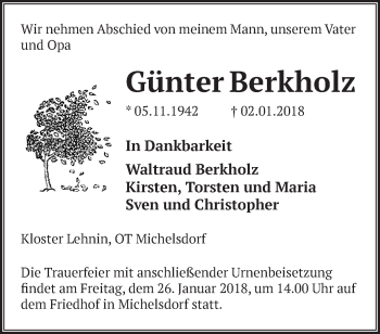 Traueranzeige von Günter Berkholz von Märkische Oderzeitung