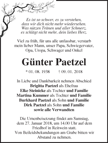 Traueranzeige von Günter Paetzel von Märkische Oderzeitung