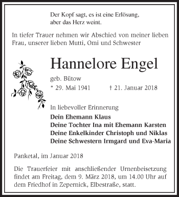 Traueranzeige von Hannelore Engel von Märkische Oderzeitung