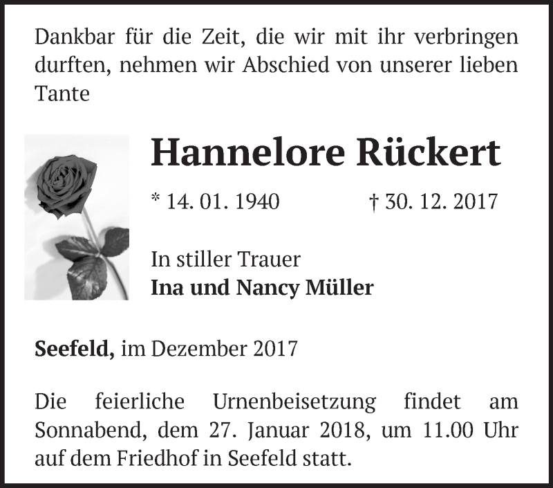  Traueranzeige für Hannelore Rückert vom 20.01.2018 aus Märkische Oderzeitung