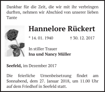 Traueranzeige von Hannelore Rückert von Märkische Oderzeitung