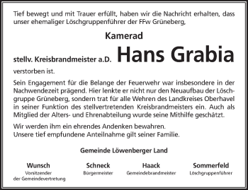 Traueranzeige von Hans Grabia von Märkische Oderzeitung