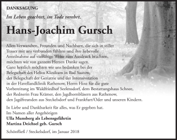 Traueranzeige von Hans-Joachim Gursch von Märkische Oderzeitung