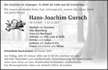 Traueranzeige von Hans-Joachim Gursch von Märkische Oderzeitung