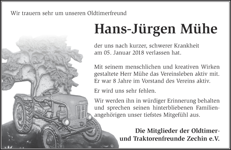  Traueranzeige für Hans-Jürgen Mühe vom 13.01.2018 aus Märkische Oderzeitung