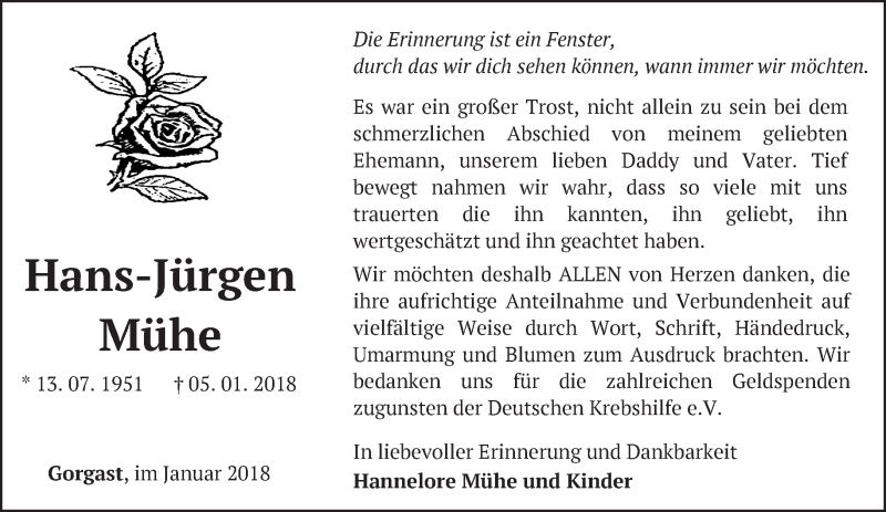  Traueranzeige für Hans-Jürgen Mühe vom 20.01.2018 aus Märkische Oderzeitung