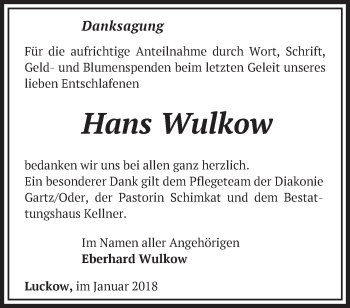 Traueranzeige von Hans Wulkow von Märkische Oderzeitung