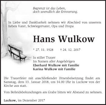 Traueranzeige von Hans Wulkow von Märkische Oderzeitung