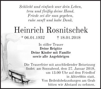 Traueranzeige von Heinrich Rosnitschek von Märkische Oderzeitung