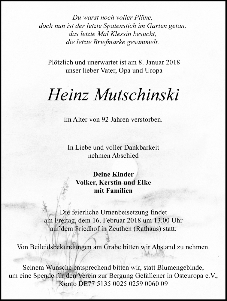  Traueranzeige für Heinz Mutschinski vom 20.01.2018 aus Märkische Oderzeitung