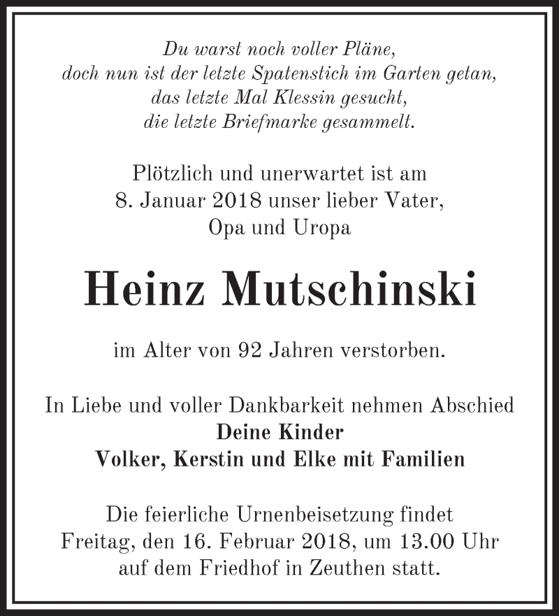  Traueranzeige für Heinz Mutschinski vom 13.01.2018 aus Märkische Oderzeitung