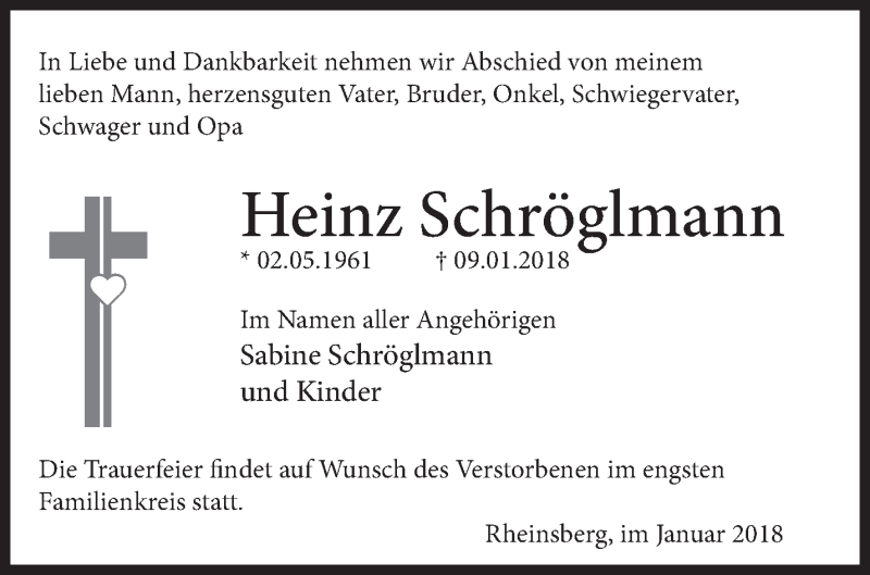  Traueranzeige für Heinz Schröglmann vom 13.01.2018 aus Märkische Oderzeitung