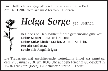 Traueranzeige von Helga Sorge von Märkische Oderzeitung