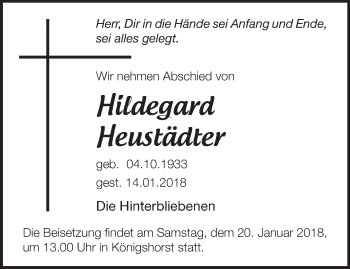 Traueranzeige von Hildegard Heustädter von Märkische Oderzeitung