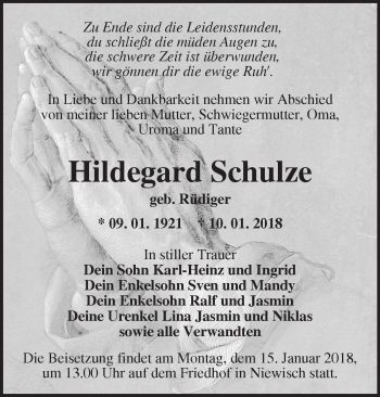 Traueranzeige von Hildegard Schulze von Märkische Oderzeitung