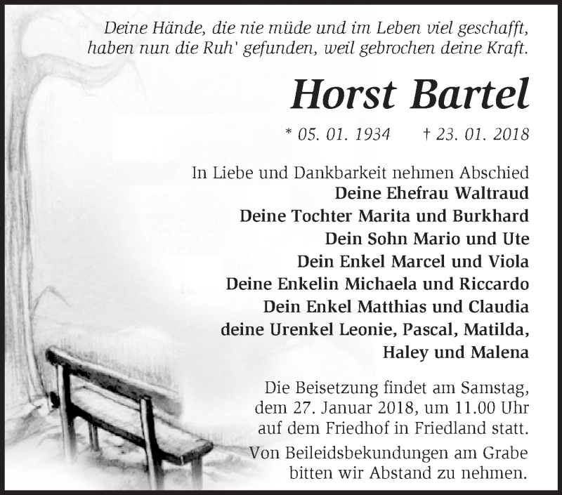  Traueranzeige für Horst Bartel vom 25.01.2018 aus Märkische Oderzeitung