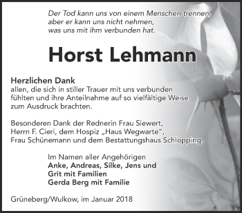 Traueranzeige von Horst Lehmann von Märkische Oderzeitung