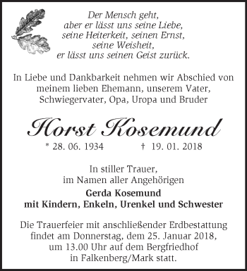 Traueranzeige von Horst Rosemund von Märkische Oderzeitung