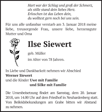 Traueranzeige von Ilse Siewert von Märkische Oderzeitung