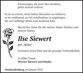 Traueranzeige von Ilse Siewert von Märkische Oderzeitung