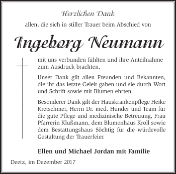 Traueranzeige von Ingeborg Neumann von Märkische Oderzeitung