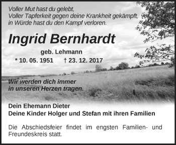 Traueranzeige von Ingrid Bernhardt von Märkische Oderzeitung