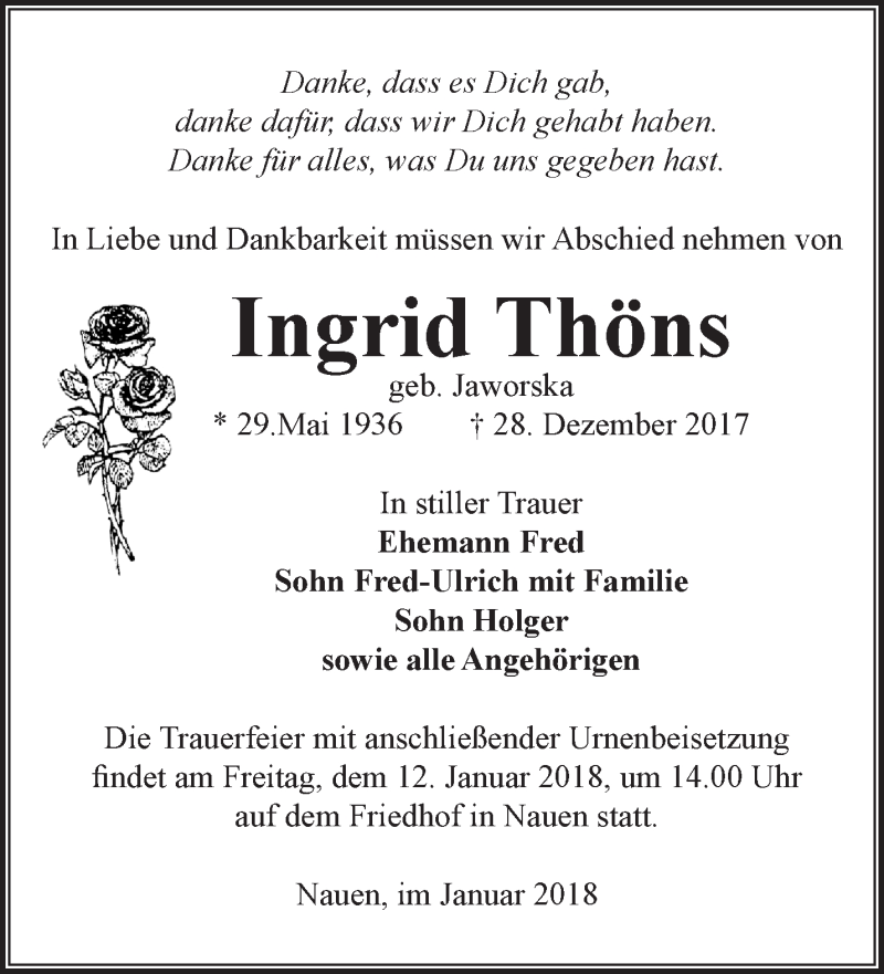  Traueranzeige für Ingrid Thöns vom 07.01.2018 aus Märkische Oderzeitung