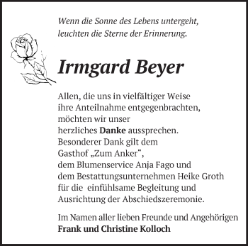 Traueranzeige von Irmgard Beyer von Märkische Oderzeitung