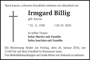 Traueranzeige von Irmgard Billig von Märkische Oderzeitung