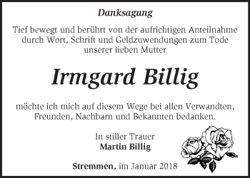 Traueranzeige von Irmgard Billig von Märkische Oderzeitung