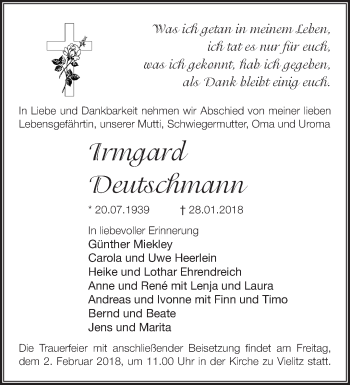 Traueranzeige von Irmgard Deutschmann von Märkische Oderzeitung