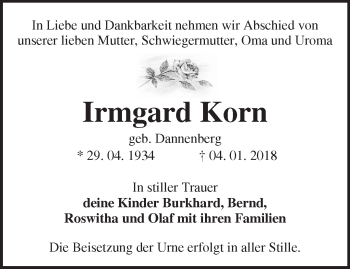 Traueranzeige von Irmgard Korn von Märkische Oderzeitung