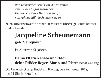 Traueranzeige von Jacqueline Scheunemann von Märkische Oderzeitung