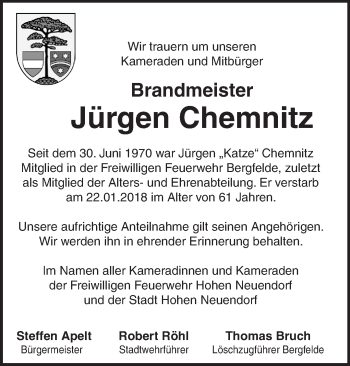 Traueranzeige von Jürgen Chemnitz von Märkische Oderzeitung