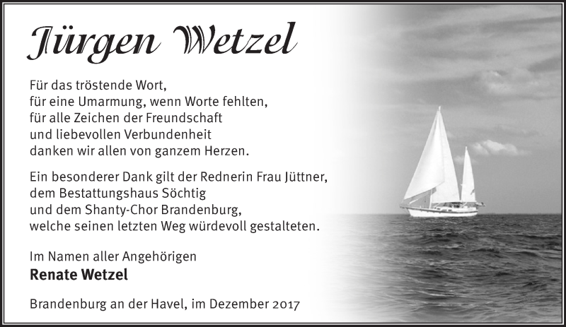  Traueranzeige für Jürgen Wetzel vom 07.01.2018 aus Märkische Oderzeitung