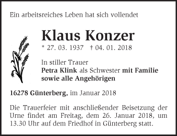 Traueranzeige von Klaus Konzer von Märkische Oderzeitung