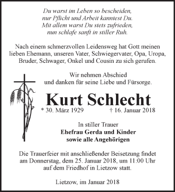 Traueranzeige von Kurt Schlecht von Märkische Oderzeitung