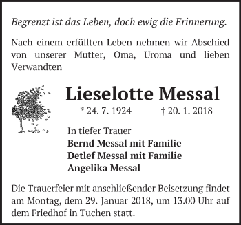 Traueranzeige von Lieselotte Messal von Märkische Oderzeitung