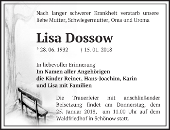 Traueranzeige von Lisa Dossow von Märkische Oderzeitung