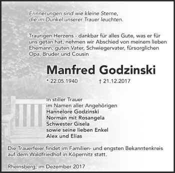 Traueranzeige von Manfred Godzinski von Märkische Oderzeitung