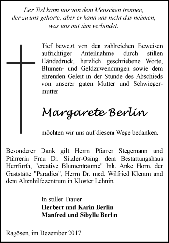 Traueranzeige von Margarete Berlin von Märkische Oderzeitung