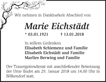 Traueranzeige von Marie Eichstädt von Märkische Oderzeitung