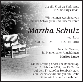 Traueranzeige von Martha Schulz von Märkische Oderzeitung